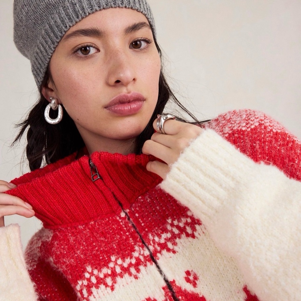 Free People Mythical Knit Sweater Printed Hearts Mix Rib Trim Zip Vanilla Red - Picture 4 of 7
